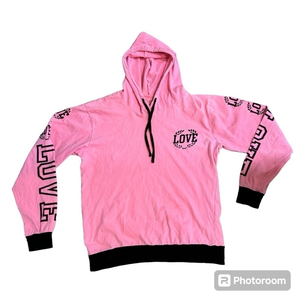 On Fire pink crop hoodie "LOVE" spell out, black letters, black waist band, M.
